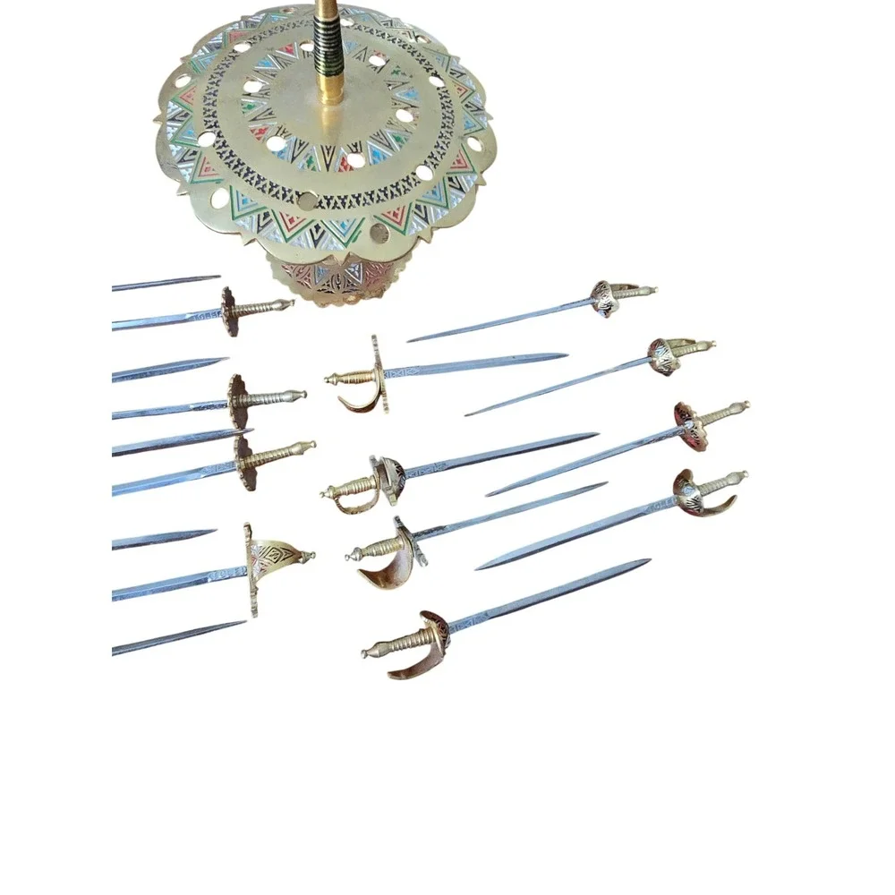 Vintage Toledo Spain Miniature Sword Cocktail Pick Set with Enameled Brass Stand - Picture 4 of 16